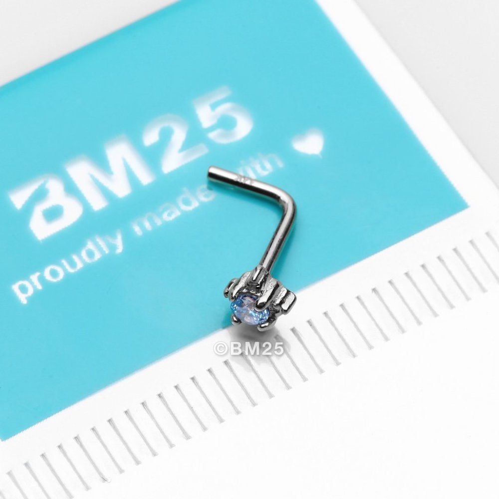 14 Karat White Gold Studded Prong Gem Sparkle L-Shaped Nose Ring